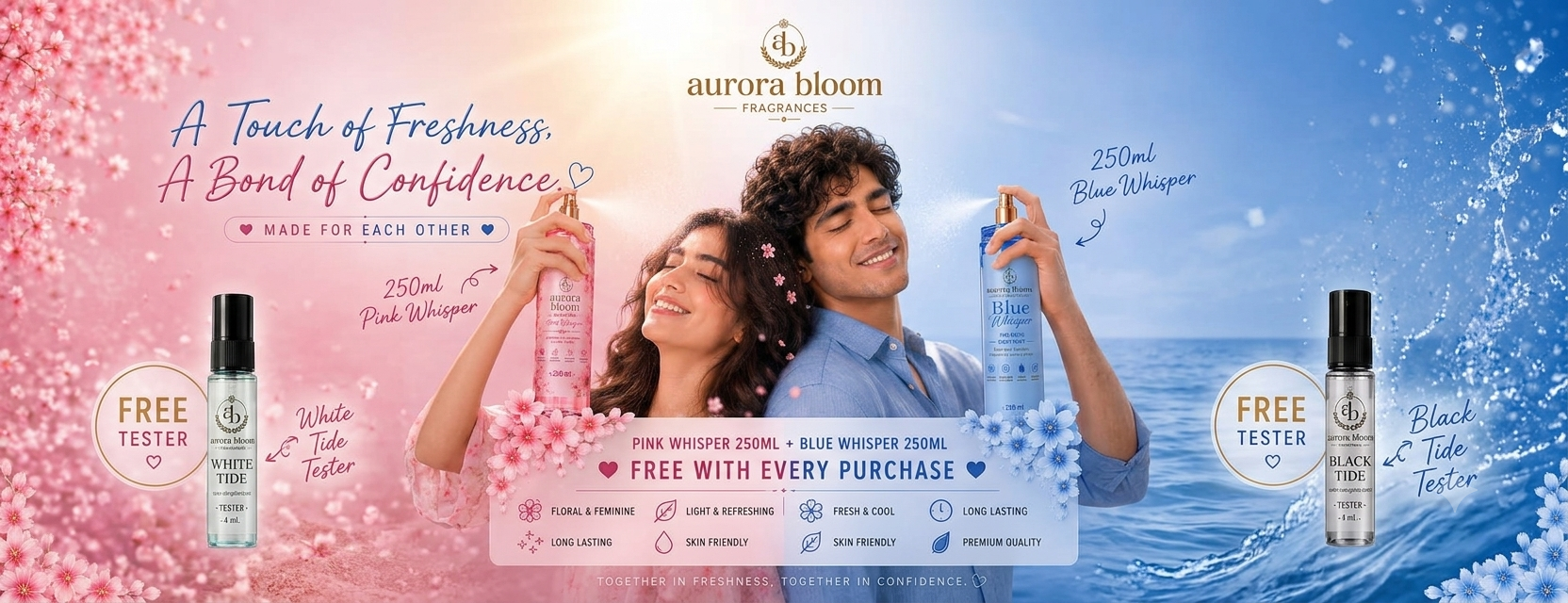 A promotional banner for Aurora Bloom Fragrances featuring a man and woman holding pink and blue spray bottles, with product bottles and text for White Whisper, Blue Whisper, Pink Blac, and Black Tobacco on a split pink and blue background.